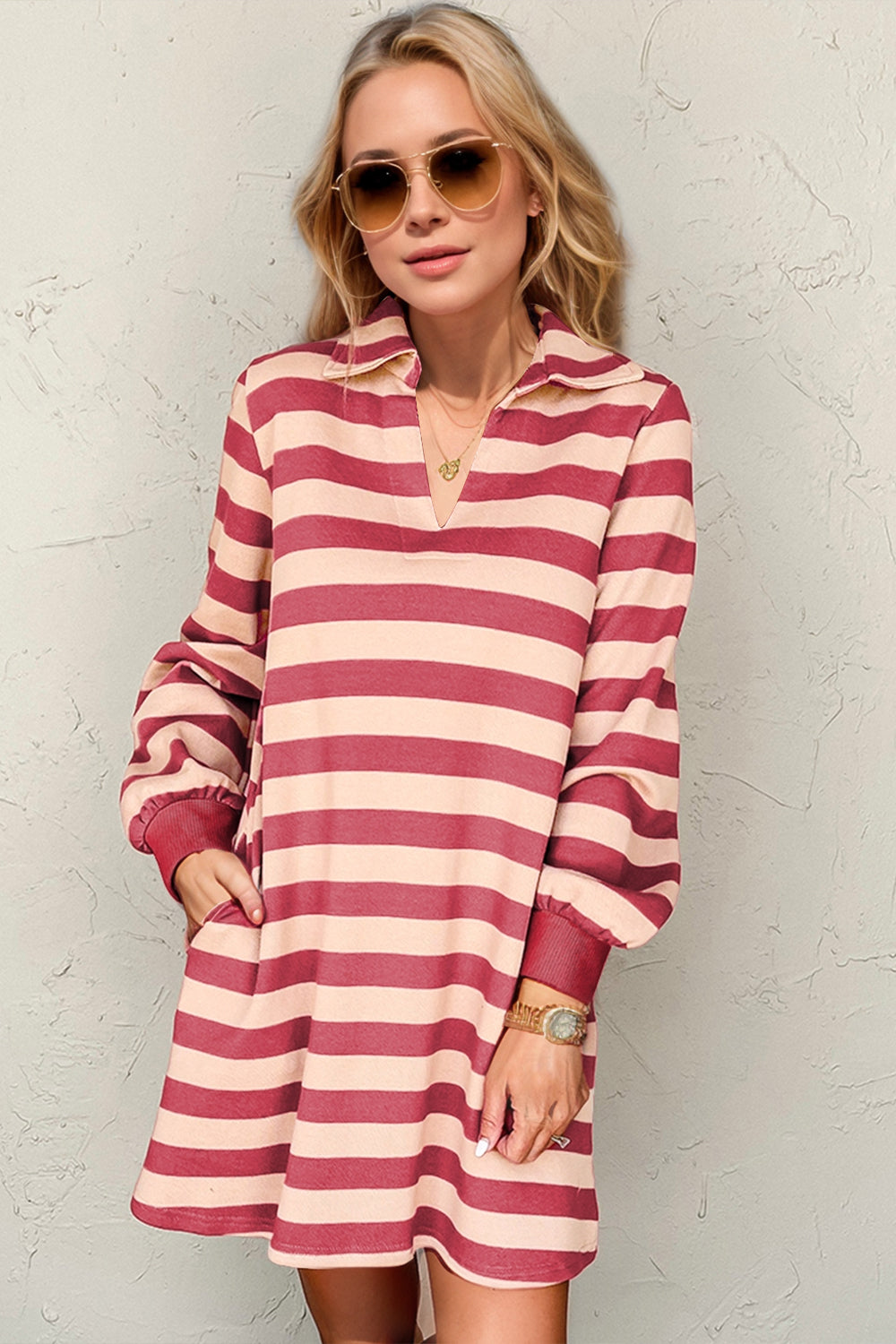 Double Take Full Size Striped Contrast Collared Neck Long Sleeve Dress