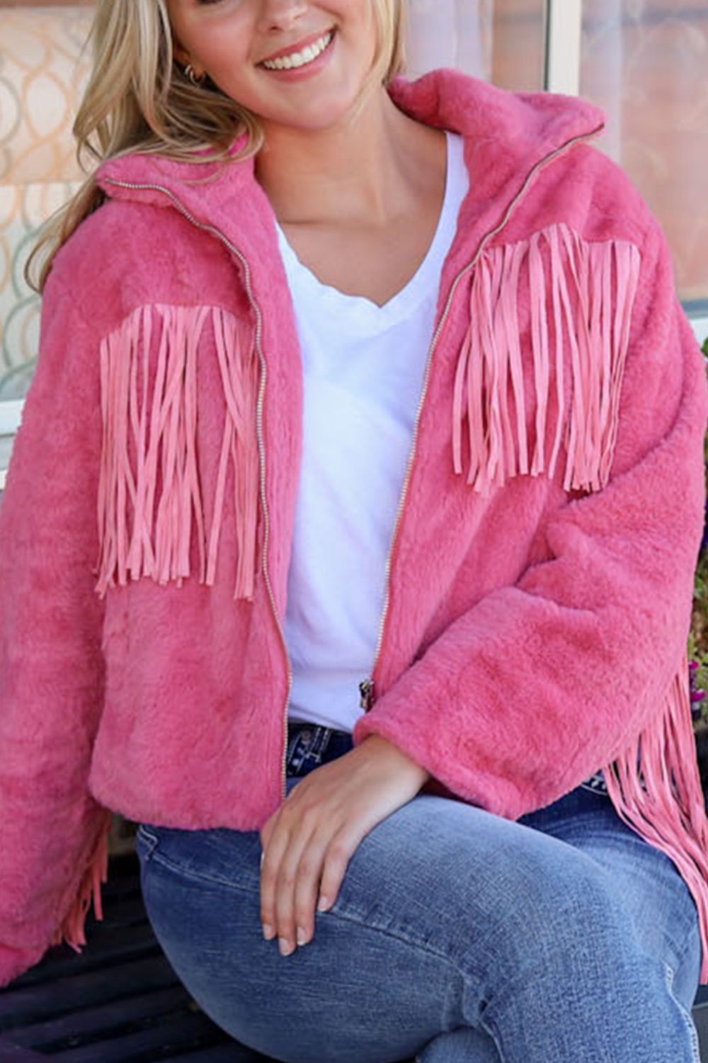 Fringed Zip Up Fleece Jacket