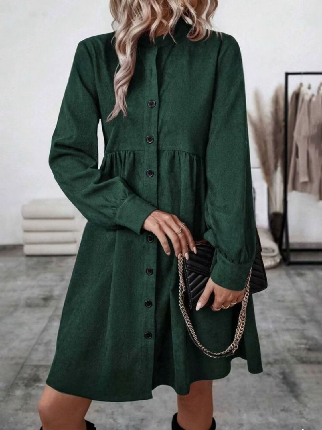 Ruched Button Up Long Sleeve Dress