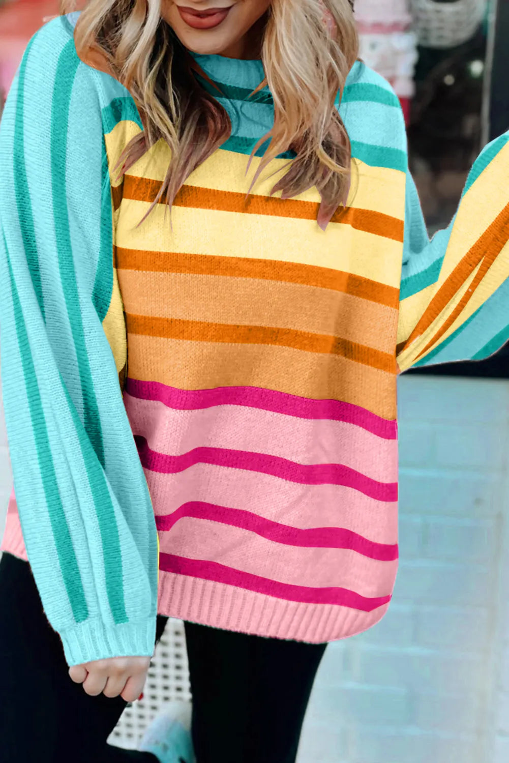 Contrast Striped Round Neck Long Sleeve Knit Top