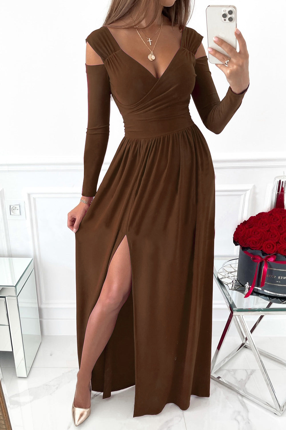 Slit Surplice Long Sleeve Maxi Dress