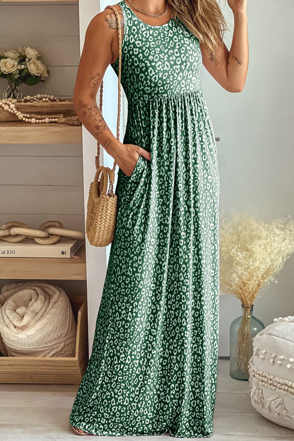 Leopard Round Neck Sleeveless Maxi Dress