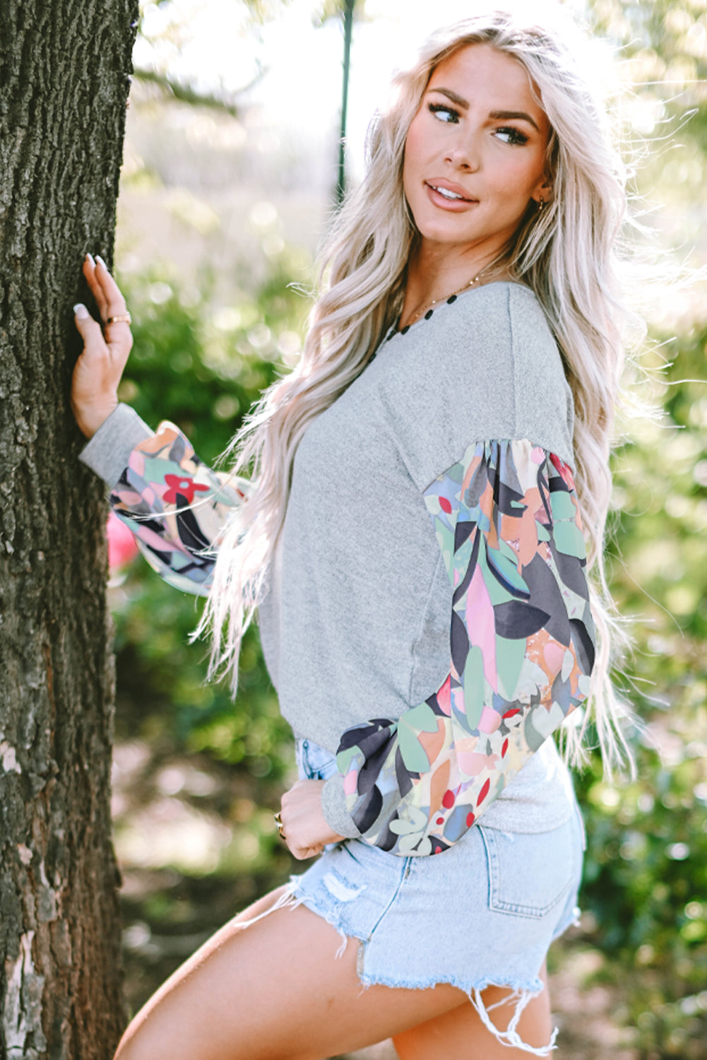 Printed V-Neck Long Sleeve Blouse