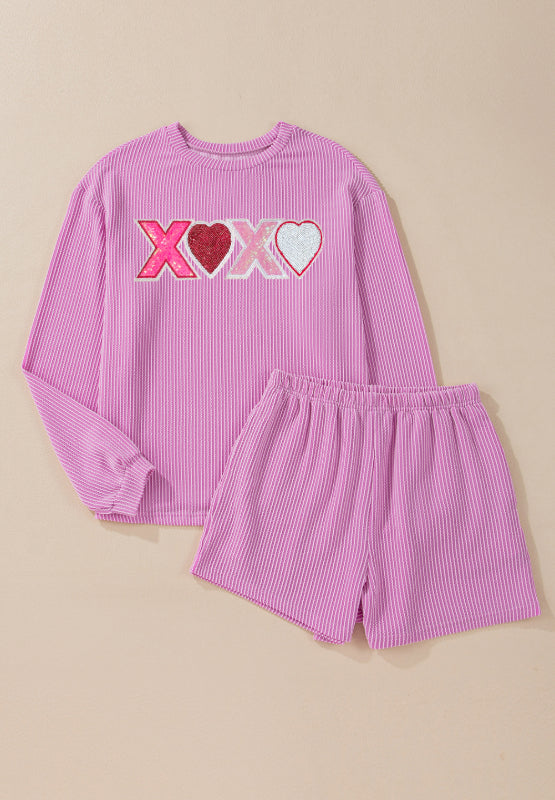 Valentine’s Day XOXO Heart Sequin Corded Long Sleeve Top and Shorts Set