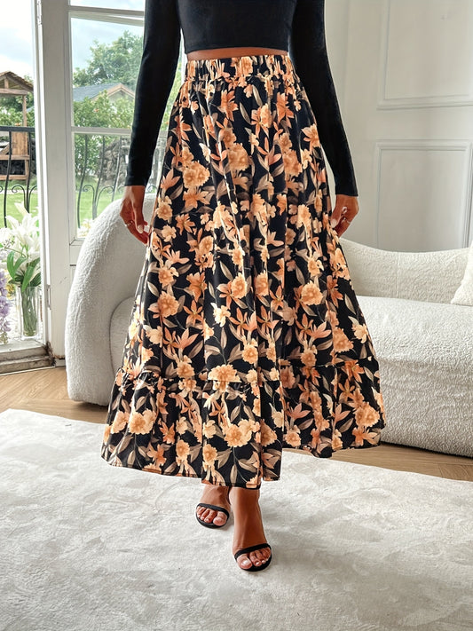 Floral Elastic Waist Midi Skirt