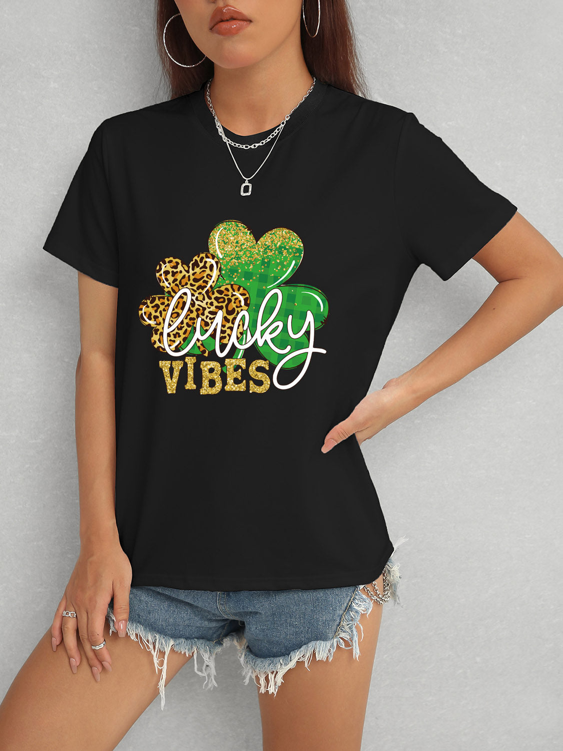 LUCKY VIBES Round Neck Short Sleeve T-Shirt