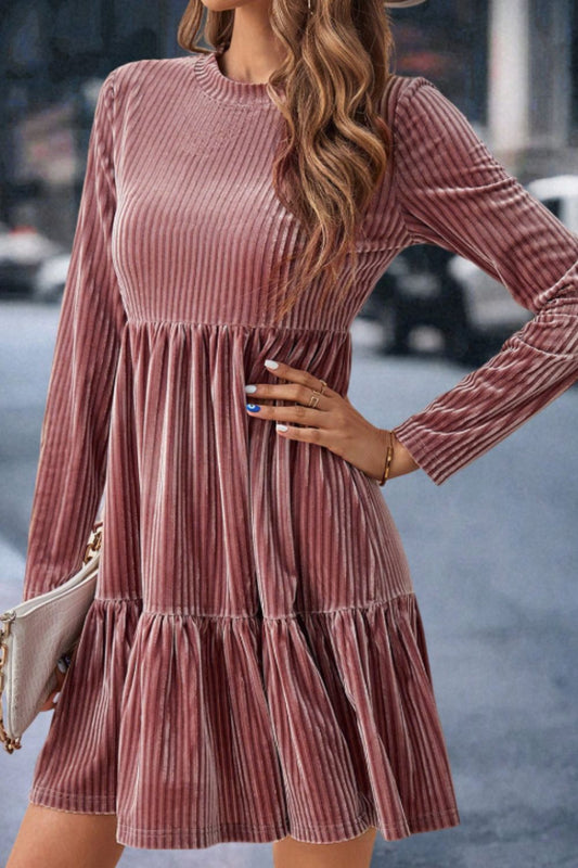 Ruffle Hem Round Neck Long Sleeve Dress