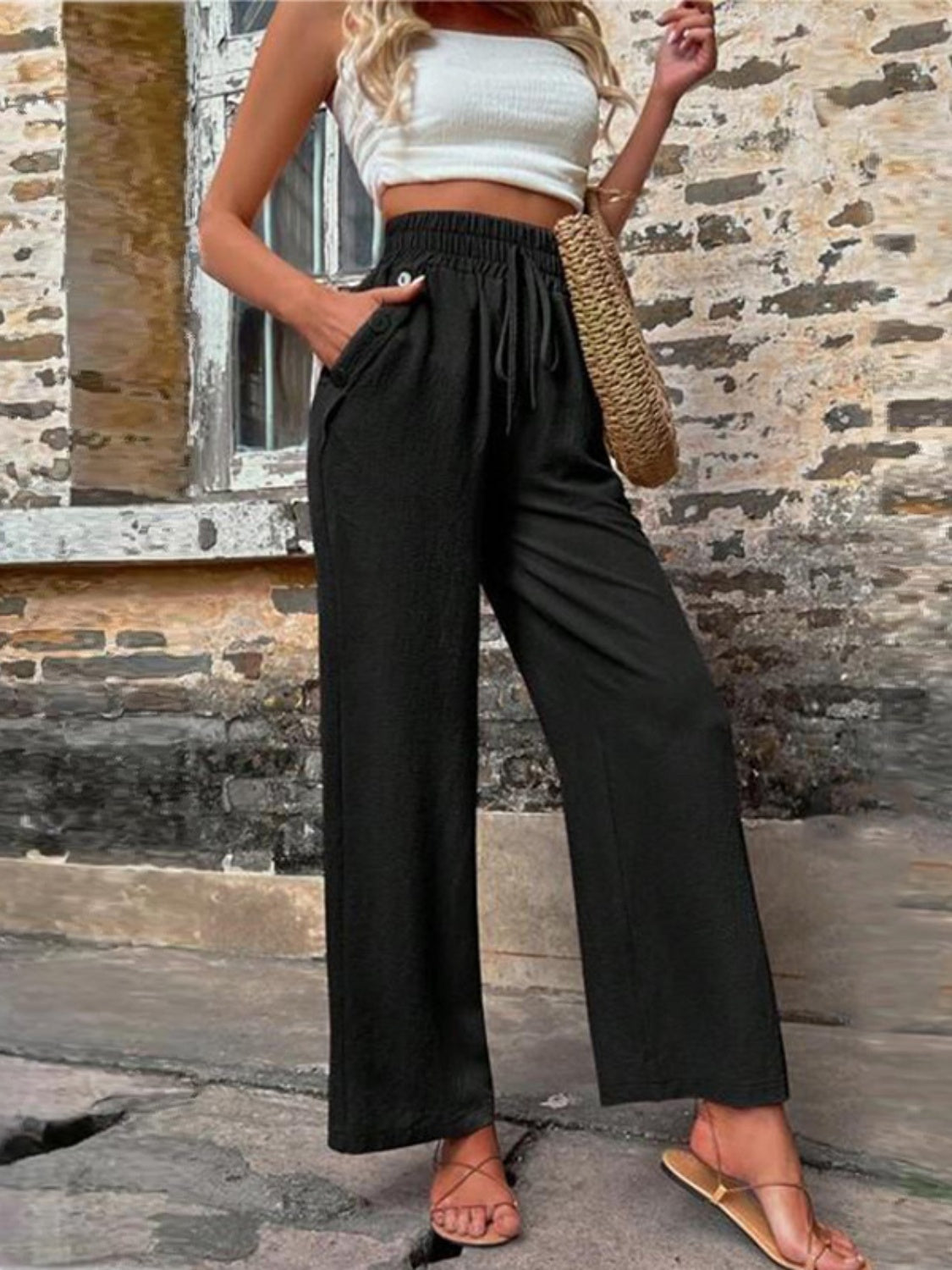 Tied High Waist Wide Leg Pants with Pockets