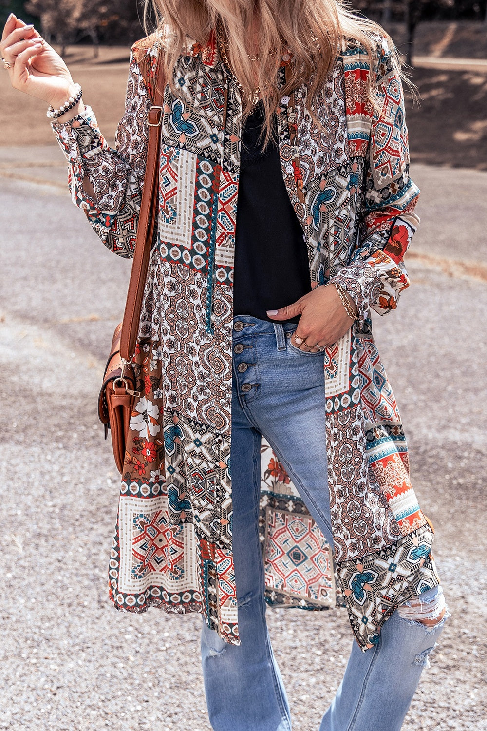 Printed Open Front Collared Neck Cardigan