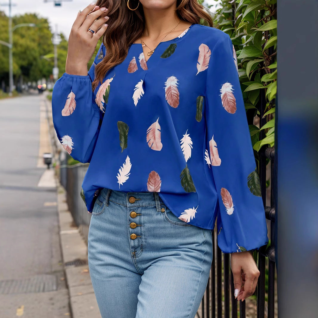 Feather Print Notched Balloon Sleeve Top