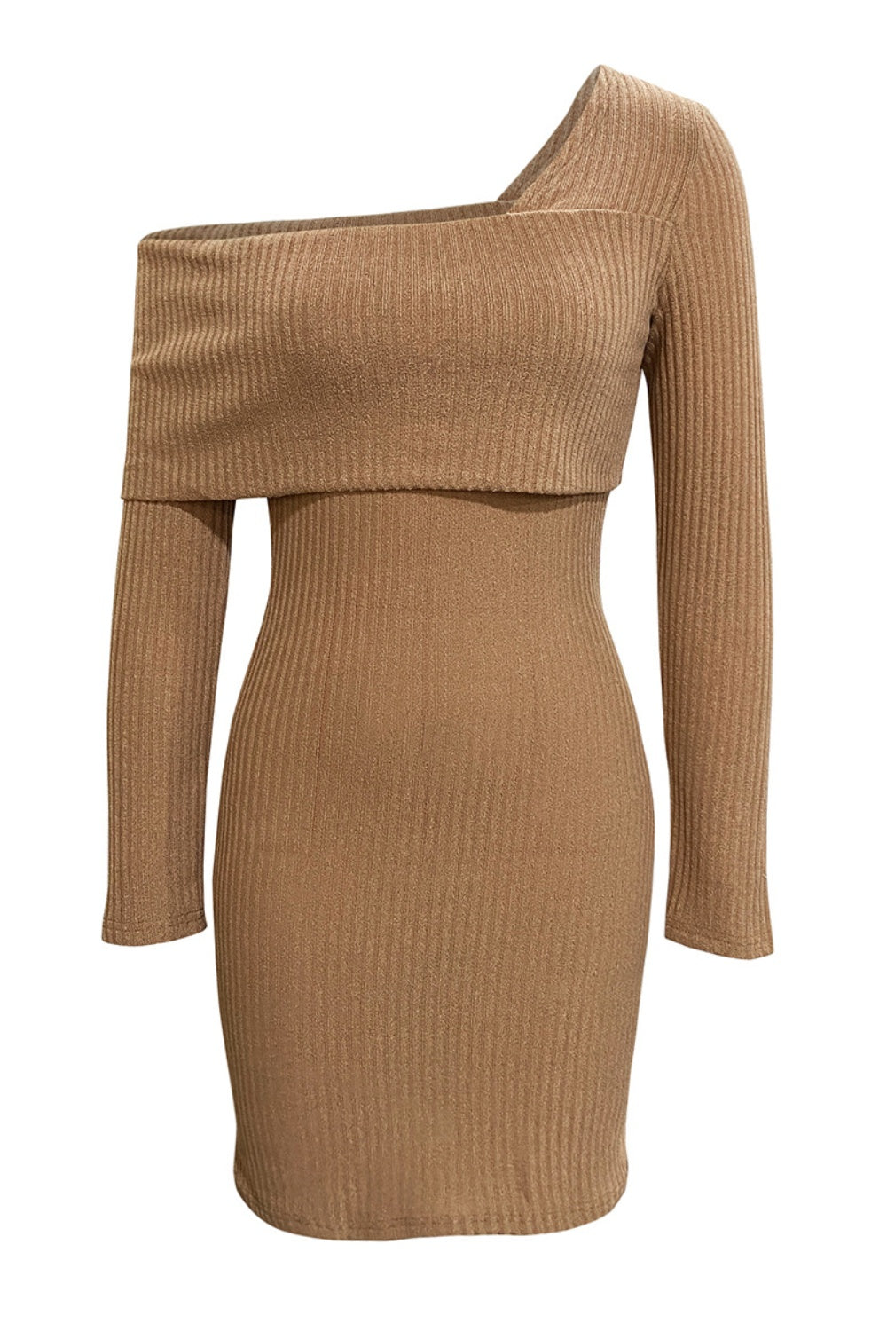 Asymmetrical Fold-Over Neck Ribbed Mini Dress