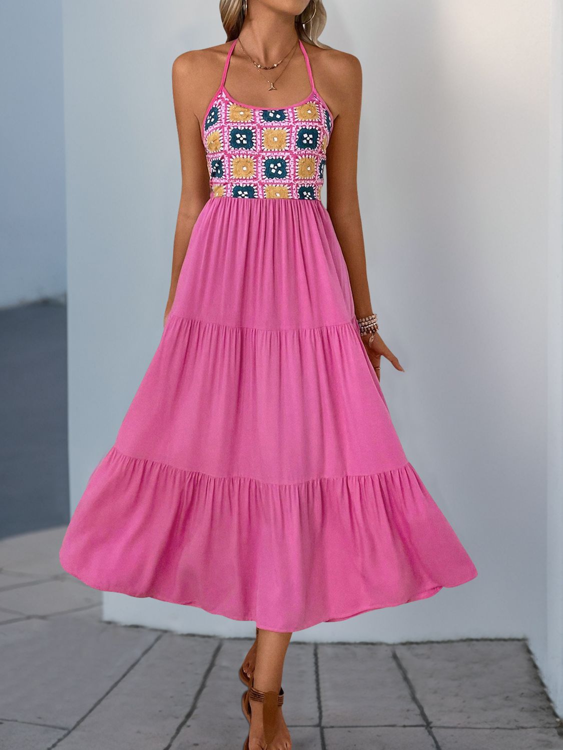 Perfee Printed Halter Neck Tiered Midi Dress