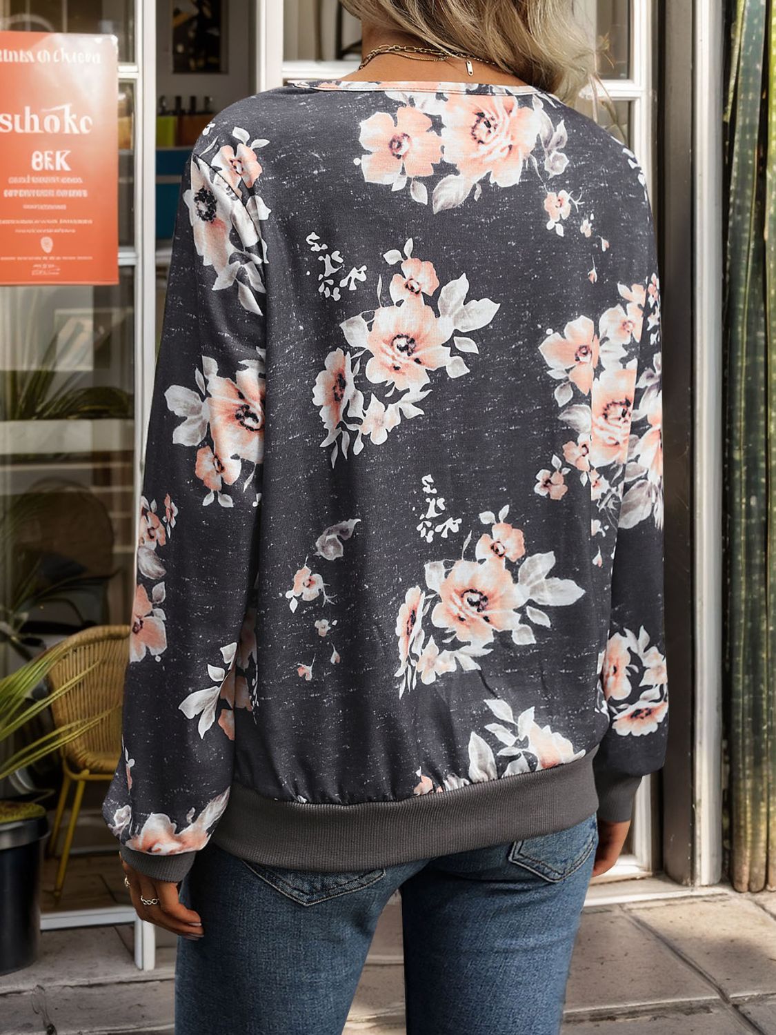 Printed V-Neck Long Sleeve Sweatshirt