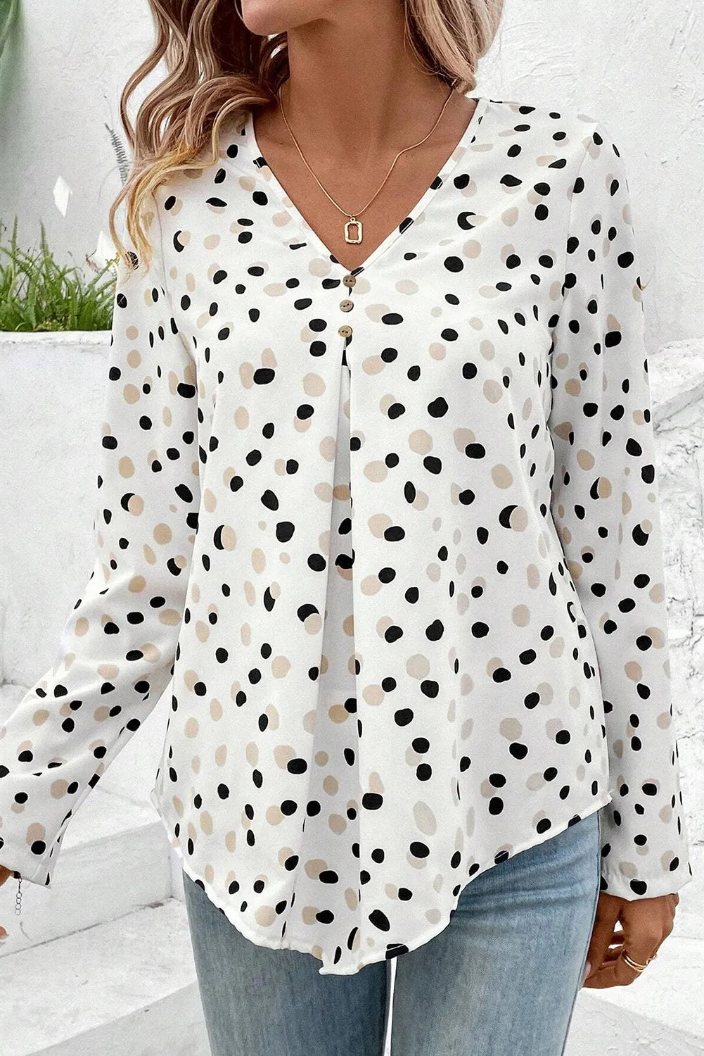 Printed V-Neck Long Sleeve Blouse