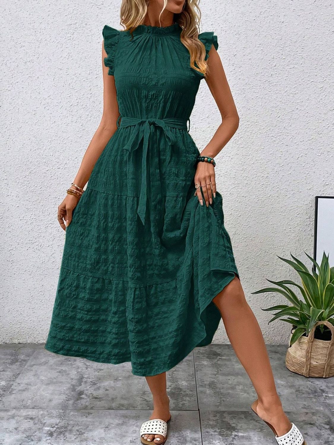 Tied Ruffled Cap Sleeve Midi Dress