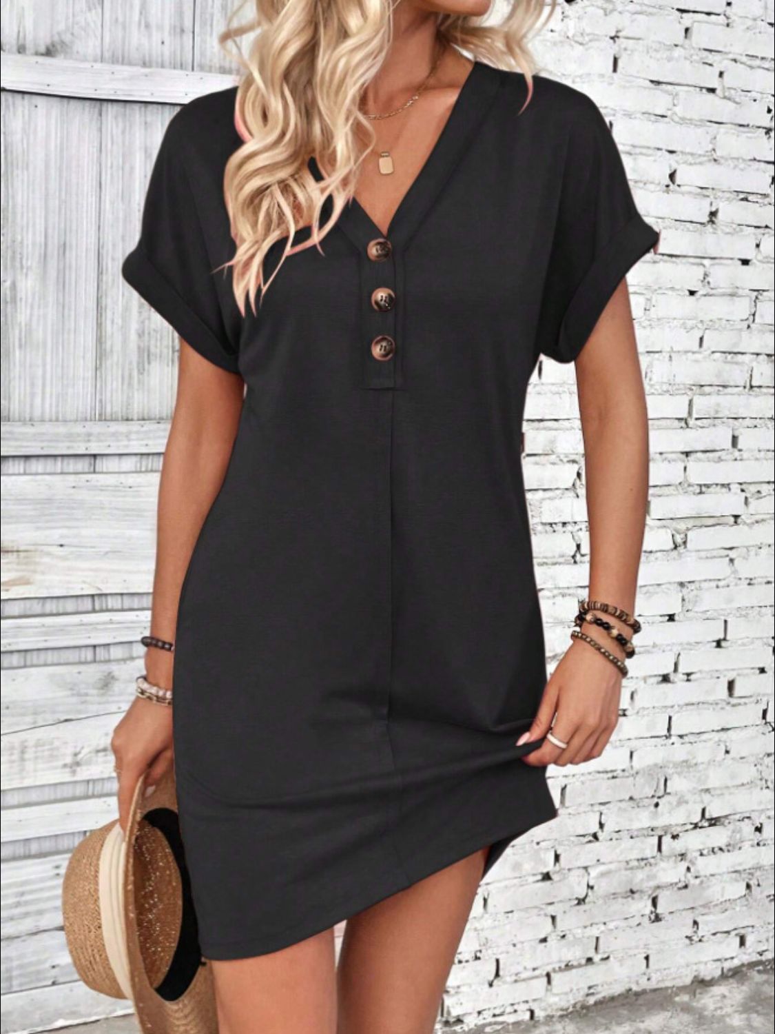 Quarter Button V-Neck Short Sleeve Dress